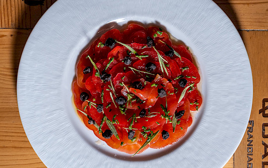 Gallery Delights - Vegetarian dish: Heiloom tomato carpaccio absinthe and kurozu vermont