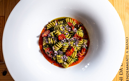 Gallery Delights - The Vegetarian: Fig leaf fusilli with oxheart and tomato confit Fig leaf fusilli with oxheart and tomato confit