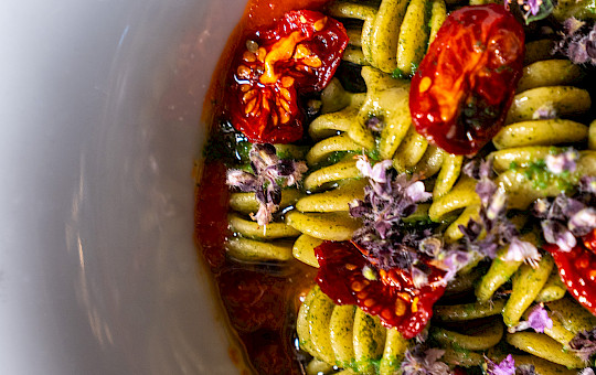 Gallery Delights - The Vegetarian: Fig leaf fusilli with oxheart and tomato confit Fig leaf fusilli with oxheart and tomato confit